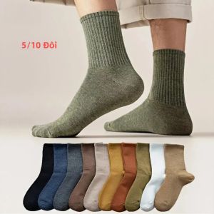 Tất Nam Nữ Màu Trơn 5/10 Đôi Ống Giữa Co Giãn Thấm Hút Mồ Hôi Chống Mùi Thường Ngày Cotton Polyester Tất