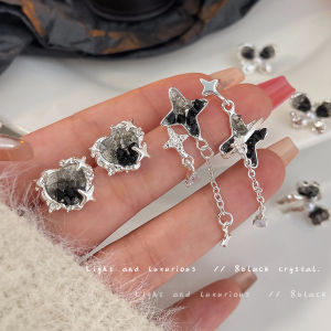 ต่างหูคริสตัลสีดำแนวเกาหลีต่างหูต่างหูคริสตัลผีเสื้อเครื่องประดับสำหรับผู้หญิง