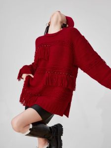 Red Tassel Rhinestone Heavy Crafted Womens Sweater Loose Slouchy Style