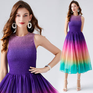 Female Elastic Waistband Dress Rainbow Flowing Tencel Gradient Color Mid Long Lovely Cute Dresses For Women