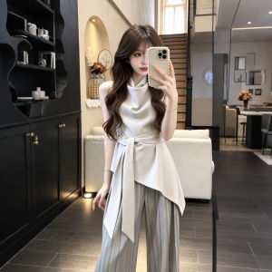 XUECAIQI | Elegant Style Korean Sleeveless Tank Top and Stripe Wide Leg Pants Two-piece Set