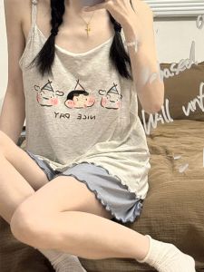 หวาน Pure Desire ฤดูร้อน ใหม่ ผู้หญิง ชุดนอน บาง สายคล้อง แผ่นรองหน้าอกคงที่ชุดสองชิ้น ผ้าฝ้าย การ์ตูน พิมพ์เสื้อผ้าบ้านสบาย