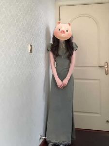 Retro Hong Kong Style New Chinese Aesthetic Waist Cinching Slimming Belted Denim Dress Long Dress Yangxixi High Waist Cotton Polyester