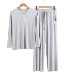 Mens Modal Ice Silk Thin Summer Long Sleeve Sleepwear Set Pure Cotton plus Size Mid-aged Home Clothes V-neck Casual Home Scene
