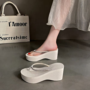 รองเท้าแตะส้นสูงประดับคริสตัลสีดำ รองเท้าแตะชายหาด รองเท้าแตะส้นหนา สไตล์หวาน รองเท้าแตะแบบสวมสบายสำหรับวัยรุ่น