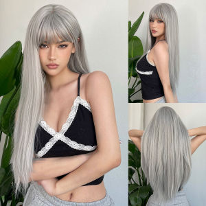 GEMMA Ash Gray Long Straight Synthetic Wig with Bangs Lolita Cosplay Hair Wigs for Black Women Natural Heat Resistant Fibre