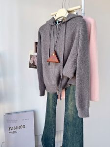 QINGNAER | Simple Gray Hooded Sweater Jacket Casual Loose Match Zipper Knit Cardigan