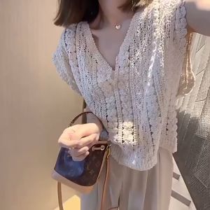 ⚡Port⚡ blouses women new style 2025 Summer Hollow Knit Crochet Top for Women Breathable Casual Short Sleeve Blouse 2️⃣0️⃣2️⃣5️⃣