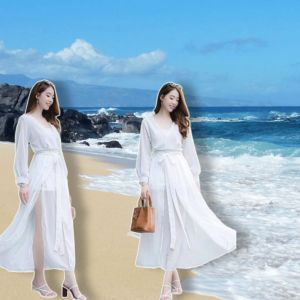 LONG DRES KOREAN SUMMER / DRESS WANITA PANTAI / DRESS PARTY V NECK