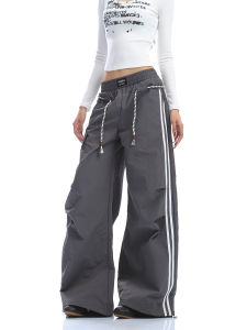 American Style Casual Pants Womens Loose Straight Leg Wide Leg Floor Length Trousers Sporty Stripe Pattern Workwear