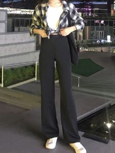 Ice Silk Wide Leg Pants Womens High Waist Floor Length Trousers Black Suit Pants Casual Straight Long Pants