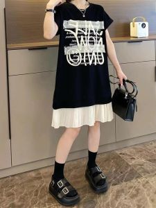 ชุดเดรสยาวลายตัวอักษรสไตล์ยุโรปสำหรับผู้หญิงไซส์ใหญ่ ทรงหลวม ทรงเข้ารูป แขนสั้น คอตั้ง กระโปรงทรงเอ ฤดูร้อน