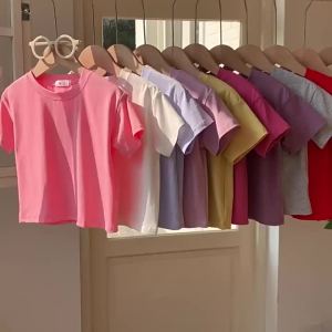 Childrens Cotton Short-Sleeved Solid Color Sports Casual Round-Neck T-Shirt Summer Breathable Soft Kids Basic Top
