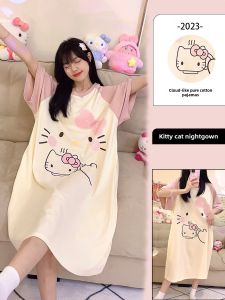 ชุดนอน Hellokitty สำหรับผู้หญิง ฤดูร้อน 2025 ชุดนอนแขนสั้นลายการ์ตูนน่ารัก สไตล์นักเรียน เสื้อผ้าใส่ในบ้าน ชุดนอน
