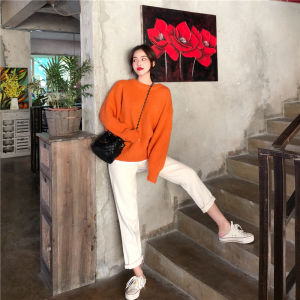 Thickened Orange Knitted Sweater Women Loose Lazy Style Thickened Woolen Thread Orange Outerwear Overhead Knitted Autumn Winter New Arrival