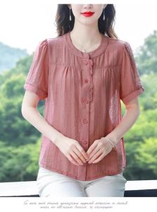 HUAXUNRAN | Cotton Linen Short Sleeve T-shirt & Blouse for Middle-aged Women Thin Style Large Size