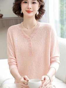 Elegant Midlife Mom Knitted Long Sleeve Loose Top Flag Dress Collar Autumn Fashion Thin Sweater V-neck Pure Color Knitwear