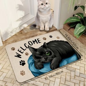 VIKAMA Cartoon Black Kitten Pattern Welcome Doormat Soft Comfortable Machine Washable Doormat Home Decoration