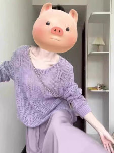 Korean Style Purple V-Neck Hollow out Knitted Cover up Top Womens Early Spring Loose Outerwear Gentle Style Long Sleeve