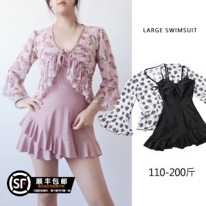 New 2025 plus Size One Piece Swimsuit Women Summer Long Sleeve Floral Print Conservative for Hot Spring And Hot Pot Bathing