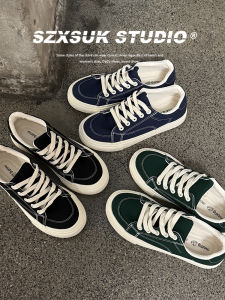 Black Low-Top Mens Canvas Shoes Breathable Retro Japanese Style Student Fashionable Flat Heel round Toe Rubber Outsole