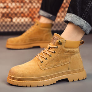 Mens Martin Boots Autumn Mid-Calf Thick Bottom Workwear Genuine Soft Bottom Kick-Proof Large Yellow Boots Winter Fleece Lined Cotton Shoes