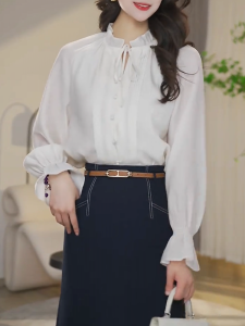 QINGNAER | Elegant French Collar Lace Design Shirt