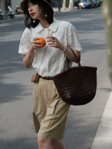 French Vintage Rose Embroidered Short Sleeve Womens Shirt Casual Elegant Linen Top Summer New Style White Commute Straight Cut