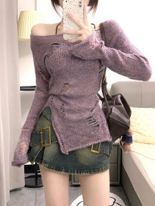 2025 New Korean Style Early Autumn Sweet And Spicy Wind Shoulder Exposure Hollow Long Sleeve Knitted Top Purple Womens Fashion