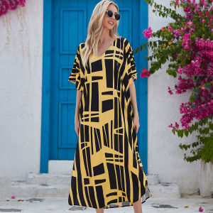 Mix Colors Bikini Cover Up Retro Printing V-neck Beach Tunic Kafan Oversize Boho Maxi Dress Bathing Suit Swimwear