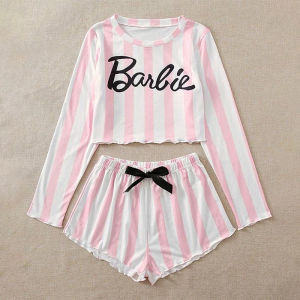 ELF TRIBE Striped Pajamas for Women Casual Long-sleeved T-shirt Shorts Ladies Homewear 2-piece Set