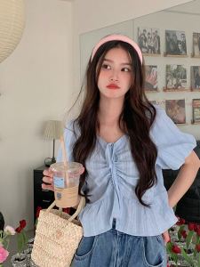 plus Size Womens Pure Color Belted Pleated Short Sleeve Shirt Summer Loose Overhead V-Neck Stylish Versatile Top