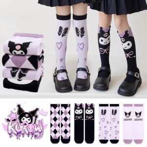 1 Pair Girls Cute Sanrio Kuromi Purple Knee Long Socks Kawaii Cartoon Anime Cotton Children Toddler Middle Tube Socks Gift