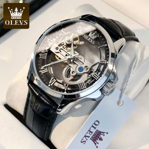 OLEVS Jam Tangan Pria Otomatis Dewasa 2024 Terbaru Anti Air Original Gaya Mekanis Tali kulit Pelat Jam kerangka Bercahaya Jam Tangan Cowok