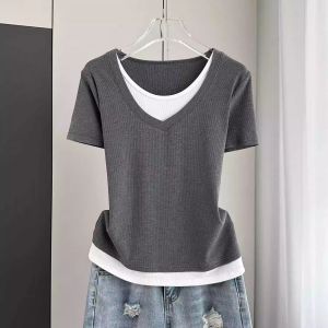 Large Size Color Block Fake Two-piece Slimming V-neck Short Sleeve Women T Shirt