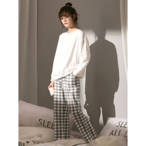 2025 New Womens Cotton Pajamas Long Sleeve round Neck Home Clothes Set Lightweight Breathable Comfortable Pure Color Plaid Design