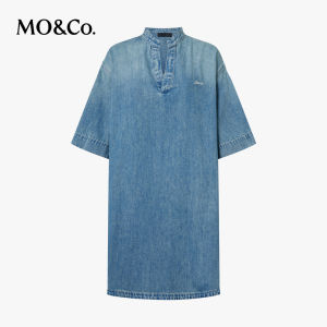 MO&Co. | Cotton Tencel Denim Dress Small Stand-Up Collar V-Neck Loose Fit