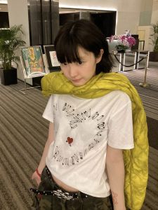 Original American Retro Heart Pin Print Short Sleeve Niche Style All-Matching Slim Fit Shoulder White round Neck Casual T-shirt