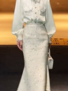 French Elegant Shiny Sequin Knitted Fish Tail Skirt High Waist Slimming Bodycon Half-length Skirt Soft Style Autumn New Arrival