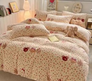 Coral Fleece Duvet Cover 1Piece Soft Cozy Warm Flannel Cartoon Floral Print Comforter Cover Plush Breathable No Pillowcase