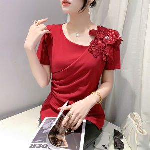 เสื้อผ้าผู้หญิง YIMEI ยืดสองส่วนแหวกแนวคอวีเฉียง เสื้อพลีท สำหรับฤดูร้อน 2024 แฟชั่น แขนสั้น เข้ารูปพอดี