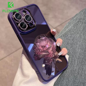 FLOVEME Luxury Plating Rose Flower Painted Clear Phone Case For iphone 15 14 13 12 11 Pro Max 15 14 Plus With Glitter Lens Film Protector Transparent Soft TPU Shockproof Back Cover For iphone 15 14 13 12 11