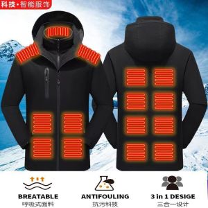 Mens Winter Large Size Heating Carbon Fiber Composite Three-in-One Hooded Jacket Thermal Cotton Outerwear Outdoor Clothing