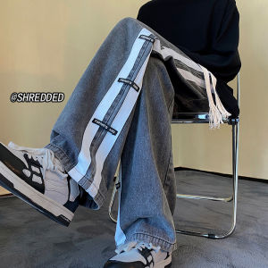 Quần Jeans Denim Stripes Nam Mùa Thu Quần Dài Ống Thẳng Rộng Cạp Cao Phong Cách Đường Phố Mỹ Quần Thường Ngày Cỡ Lớn