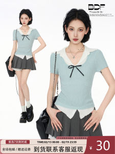 เสื้อยืดคอวีสีน้ำเงิน ทรงเข้ารูป แขนสั้น ผูกโบว์ สำหรับผู้หญิง ช่วงฤดูร้อน เสื้อโปโล ผ้าถัก แขนสั้น ทรงเข้ารูป เสื้อผ้าทำงาน