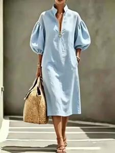 Womens Solid Color Dress Loose Fit Stand Collar Bubble Sleeve Half-Zip Dress Fashion Casual Pocket Long Dresses New In