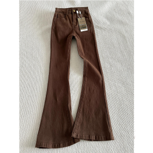 Extended Length High Waist Bootcut Jeans Womens Tight Fit High Elasticity Brown Denim Pants Autumn Season American Style