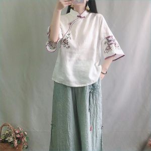 Retro Cotton Linen Shirt Chinese Style Stand Collar Color Block Button mid Sleeve Embroidered Tea Costume Spring Summer Womens Wear