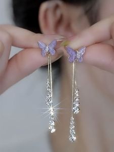 Elegant Purple Crystal Butterfly Long Dangle Earrings Womens Fashion Jewelry Lightweight Luxury Sparkling Studs  out