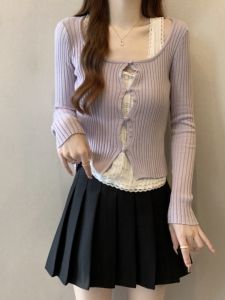 Áo Knit Tím Dài Tay Cao Cấp Kích Cỡ Lớn Đa Lớp